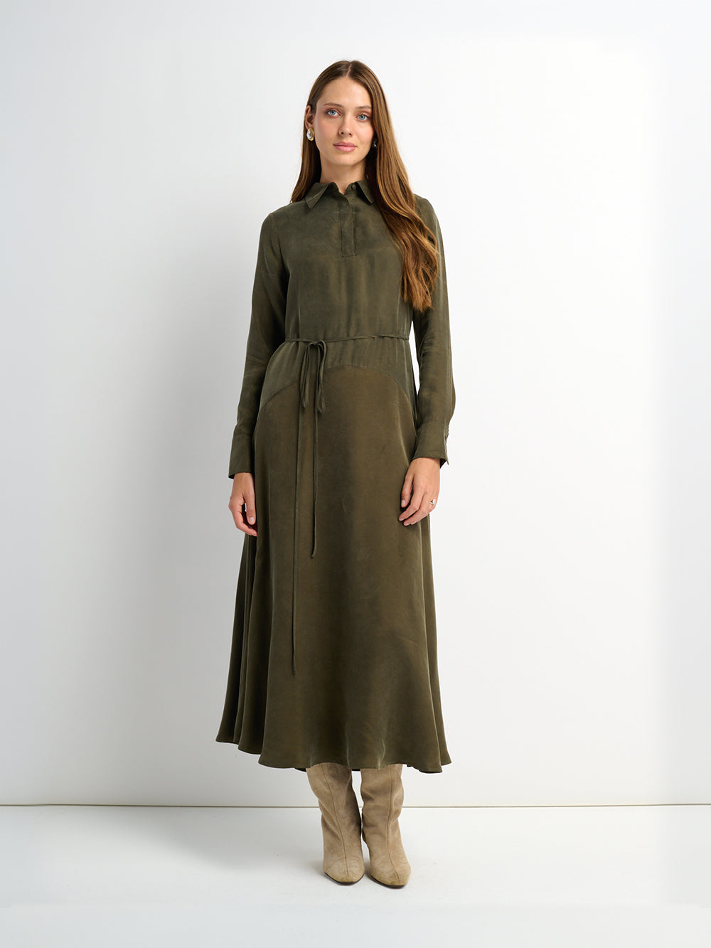 Cupro Drop Waist Maxi Dress - Olive