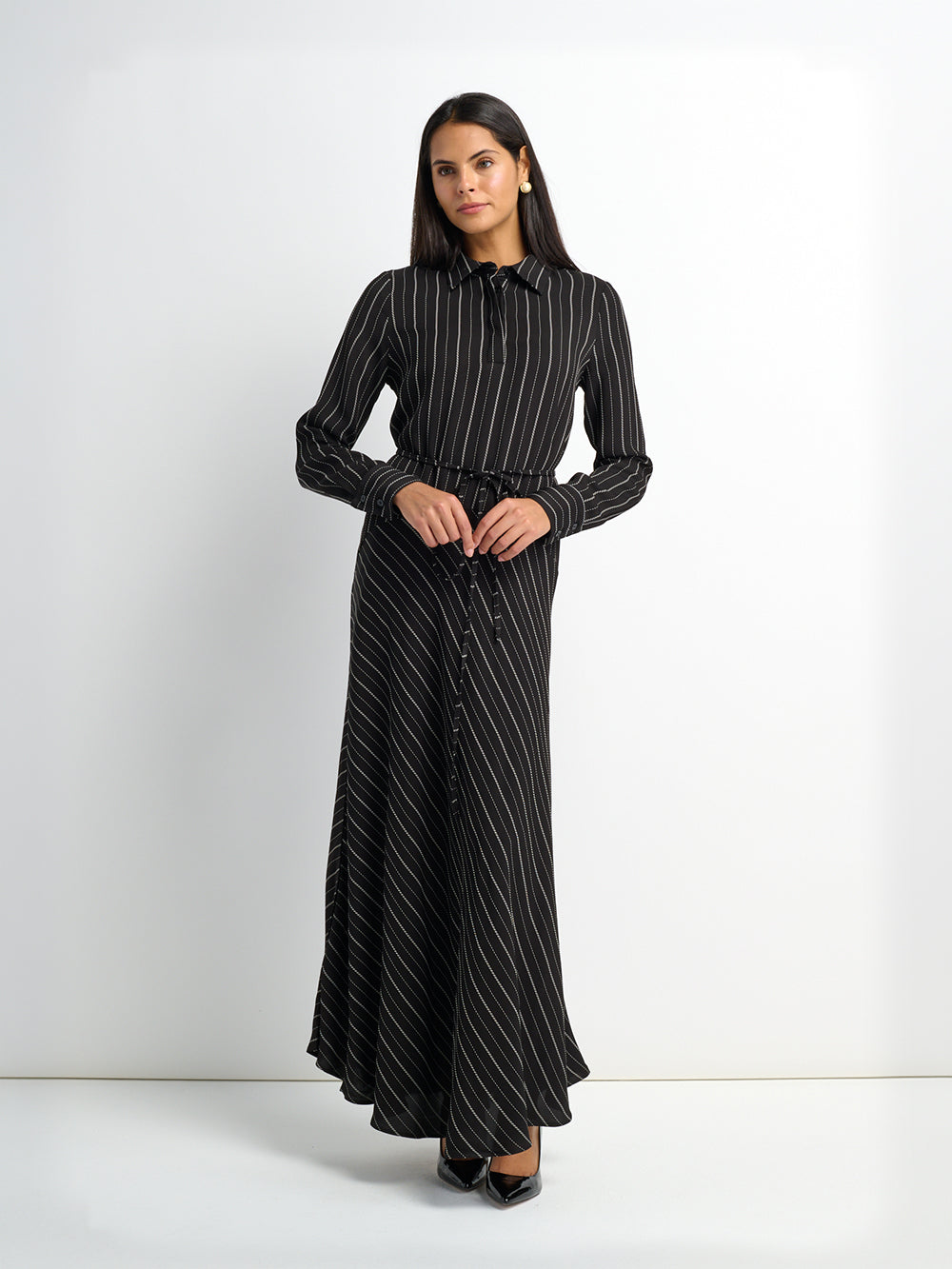 Drop Waist Maxi Dress - Black Pinstripe