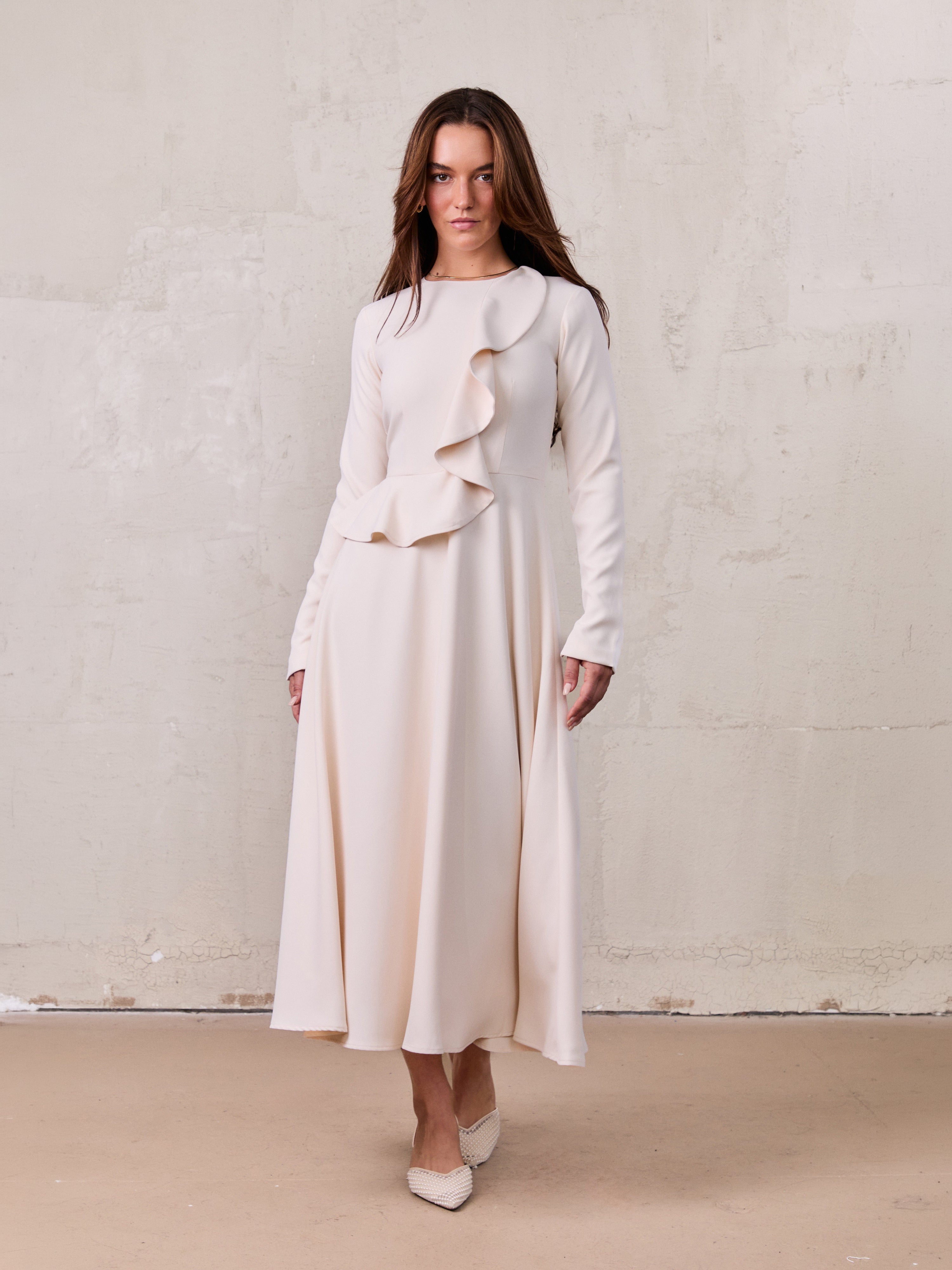 Waist Ruffle Dress-Cream