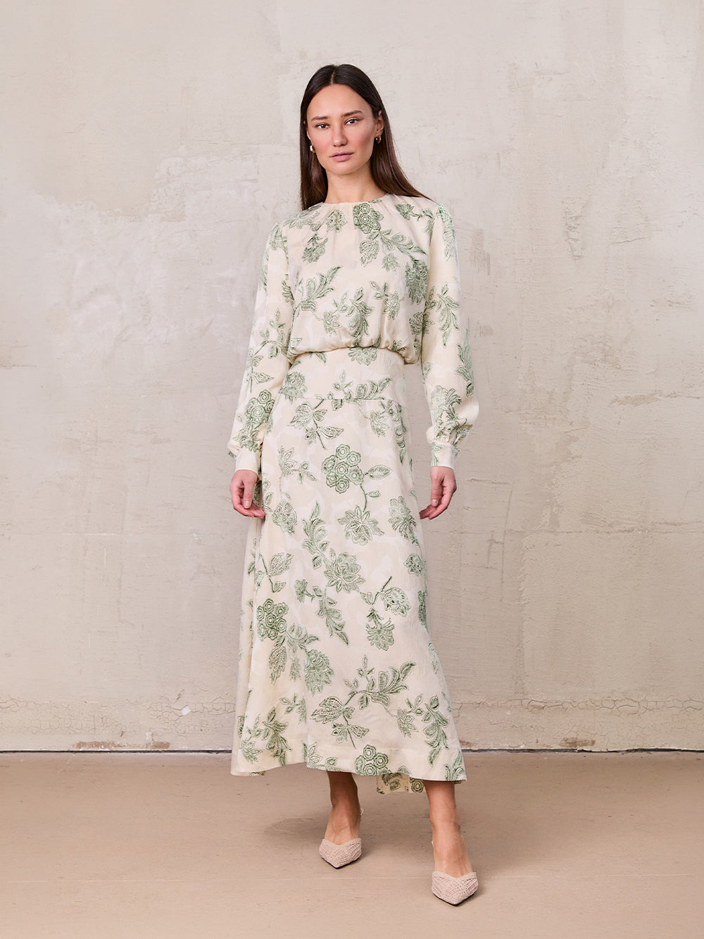 Waist Yoke Dress-Green Sketch Flower – Fame on Central