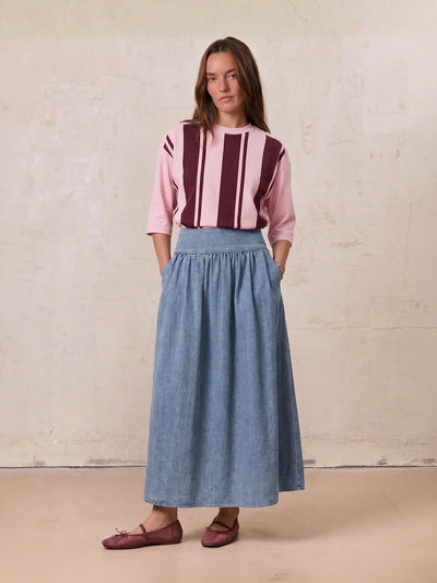 Washed Curved Yoke Denim Skirt-Light Blue