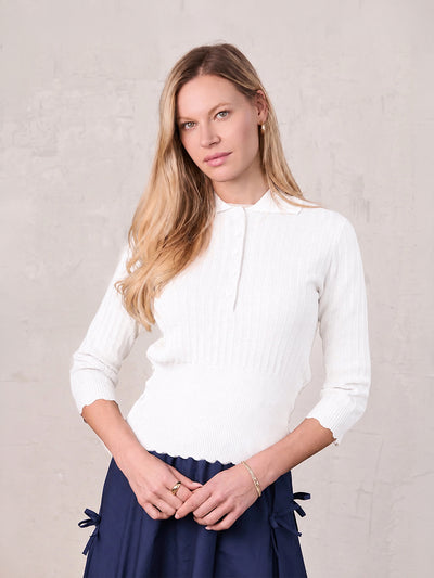 Wide Band Pointelle Sweater-White
