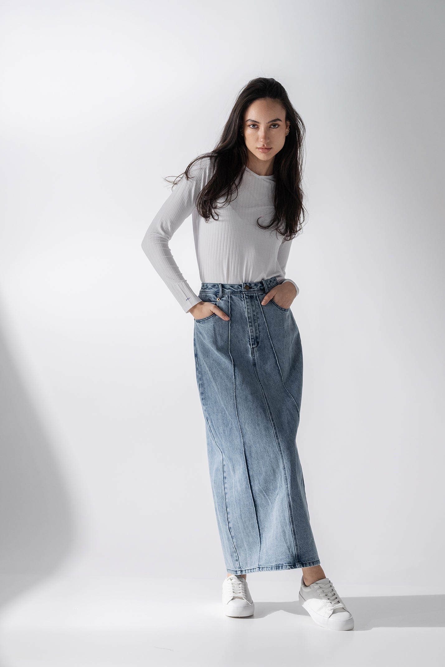 Denim Seamed Skirt-Blue Wash