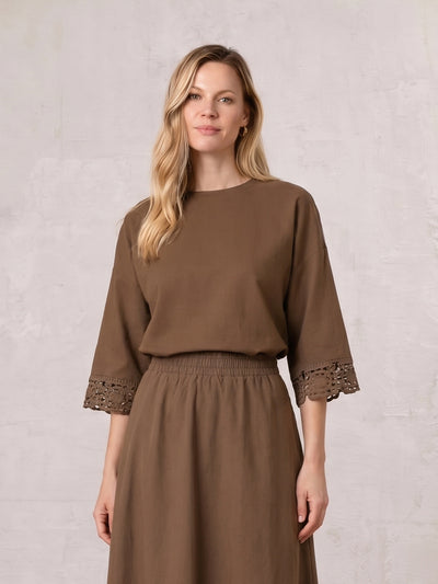 Crochet Edge Top-Brown