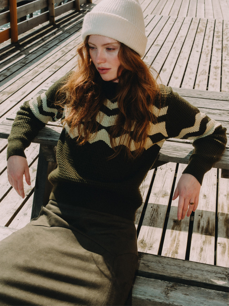 Waffle Designed Sweater - Dark Green/Light Green