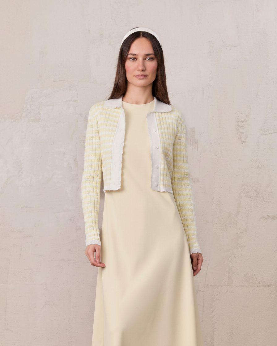 Striped Scalloped Edge Cardigan-Yellow/White  Fame on Central