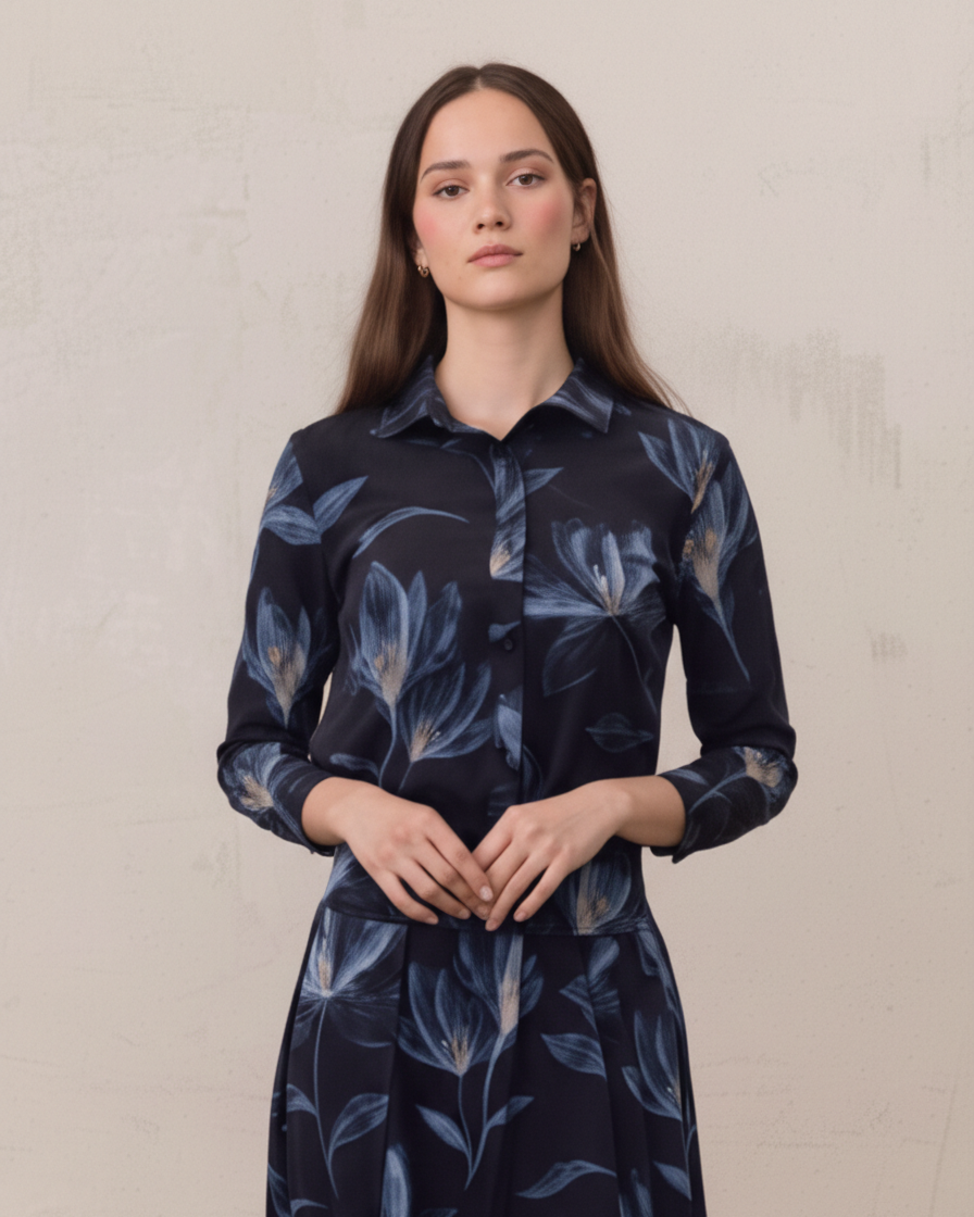 Button Down Collared Blouse-Blue Floral