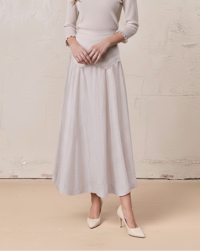 Pointed Yoke Dress Skirt-Ice Latte