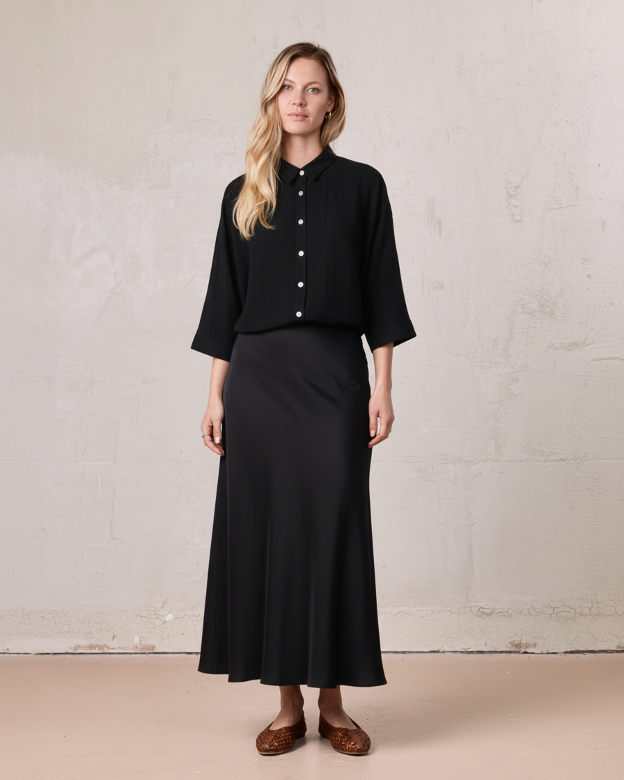 Boxy Dolman Sleeve Crinkle Blouse-Black