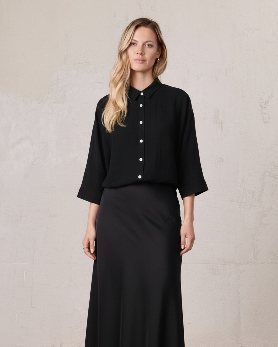 Boxy Dolman Sleeve Crinkle Blouse-Black