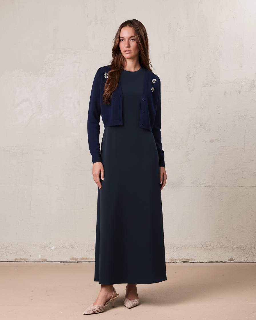 Faux Satin Crew Neck Slip Dress-Navy