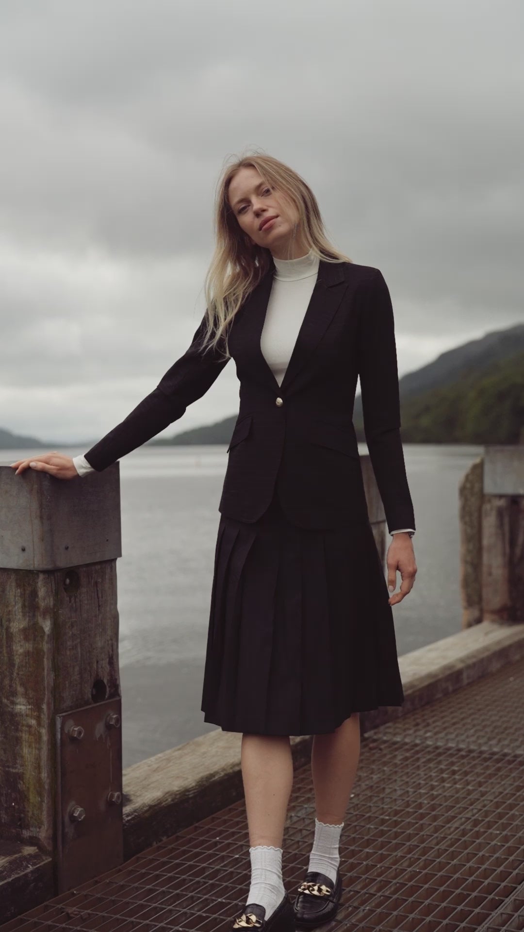 Gold Button Pinstripe Blazer-Black
