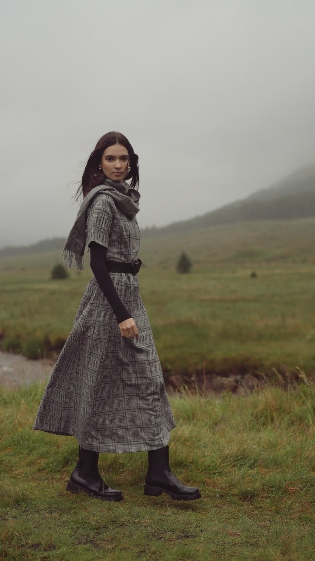 Front Pleat Square Neck Dress-Black/White Plaid
