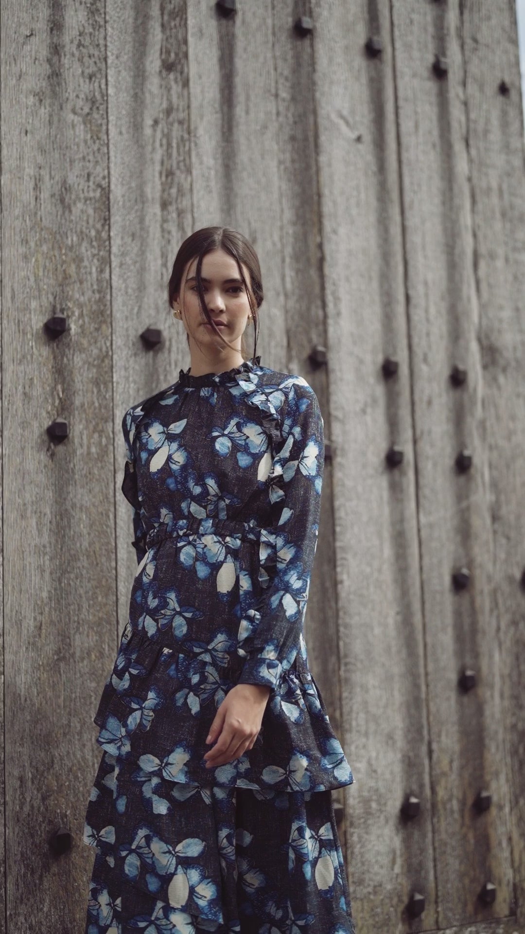 Layered Belted Dress-Blue Floral