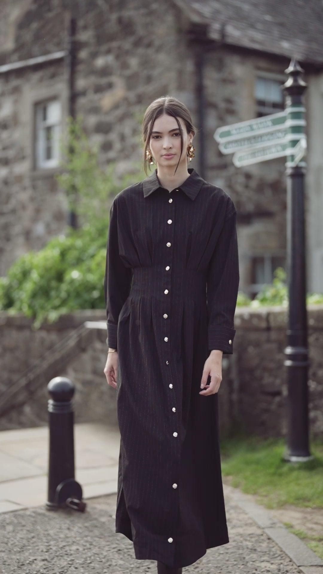Pleat Waist Pinstripe Button Down Dress-Black