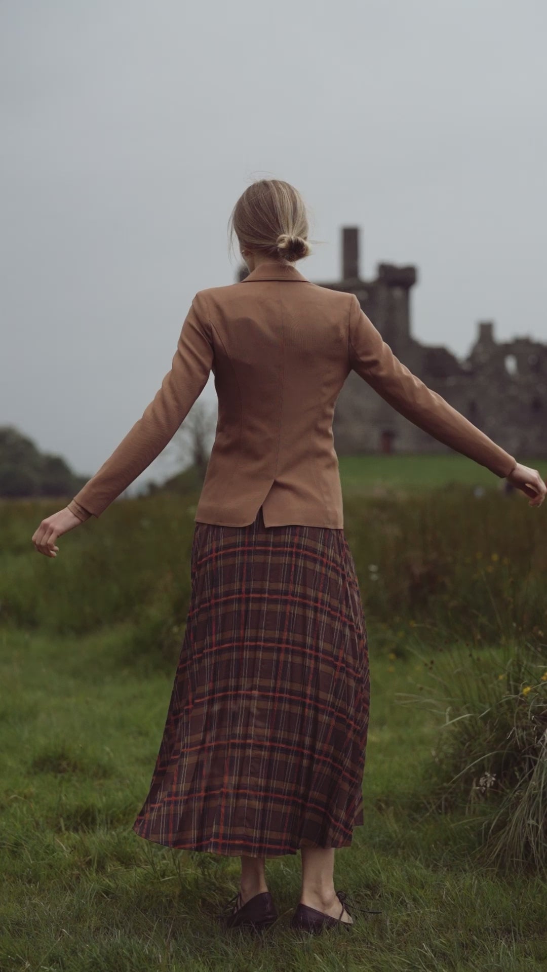 Covered Band Pleated Skirt-Brown/Orange Plaid