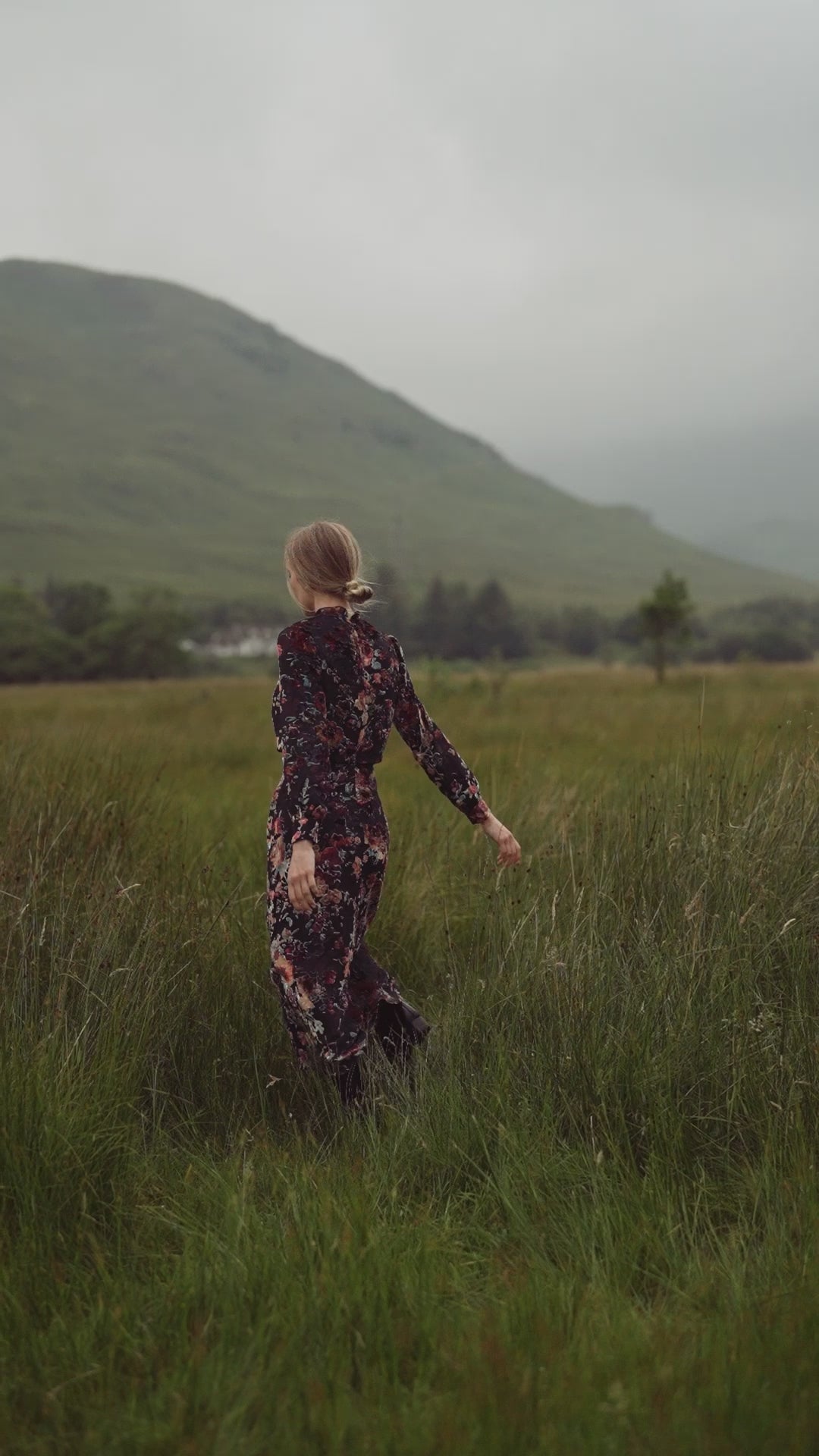 Waisted Yoke Dress-Colored Velvet Floral