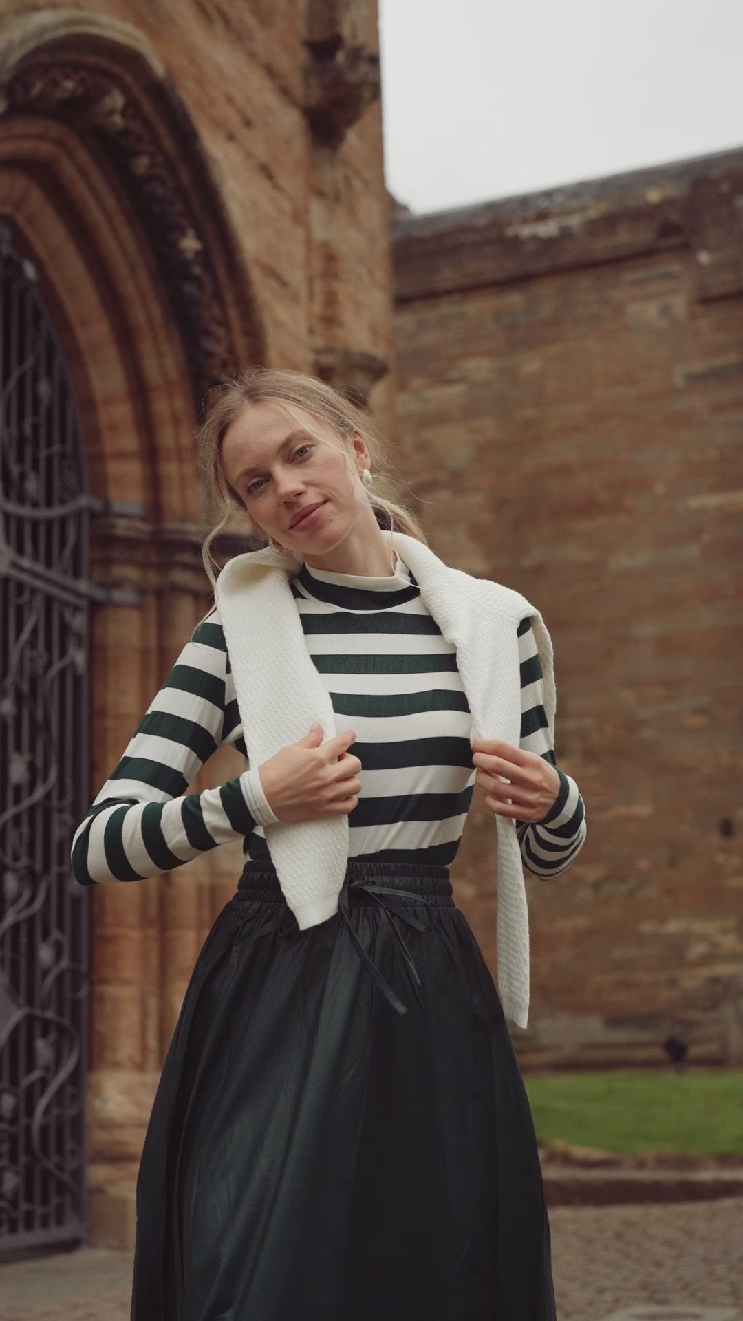 Striped Ribbed Turtleneck-Emerald/Cream