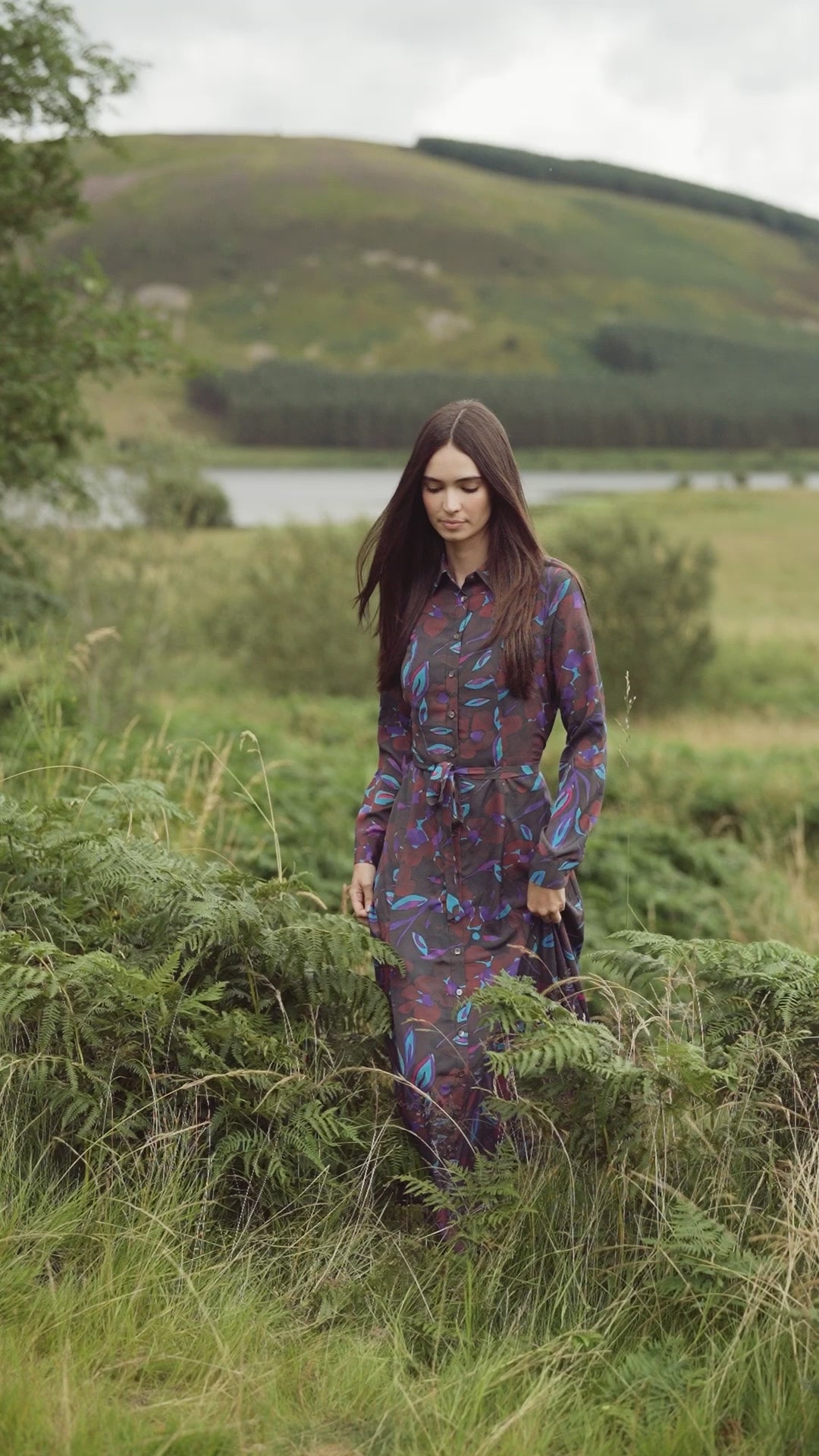 Collared A-Line Shirtdress-Brown Floral