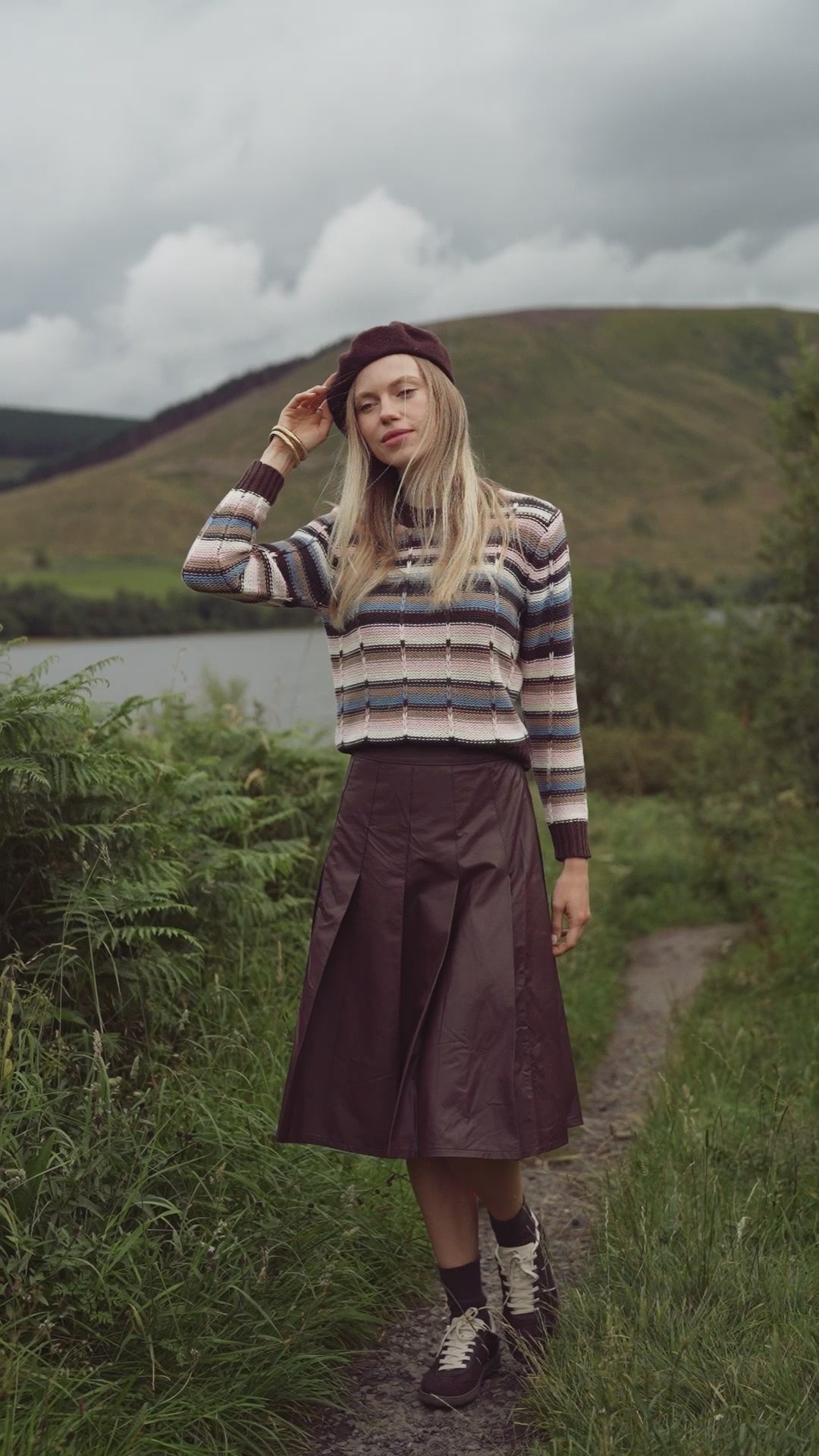 Overstitch Detail Striped Sweater-Brown