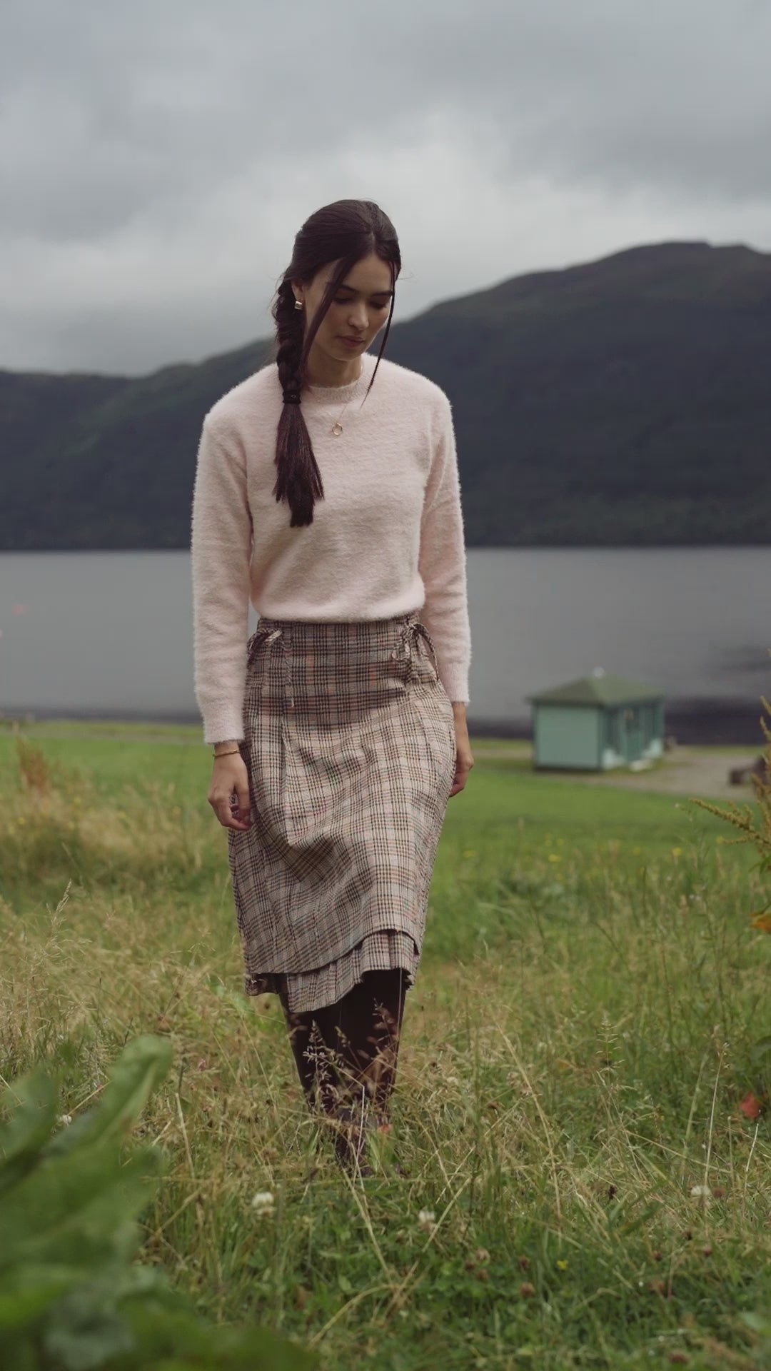 Side Bow Pleated Skirt-Pink Plaid