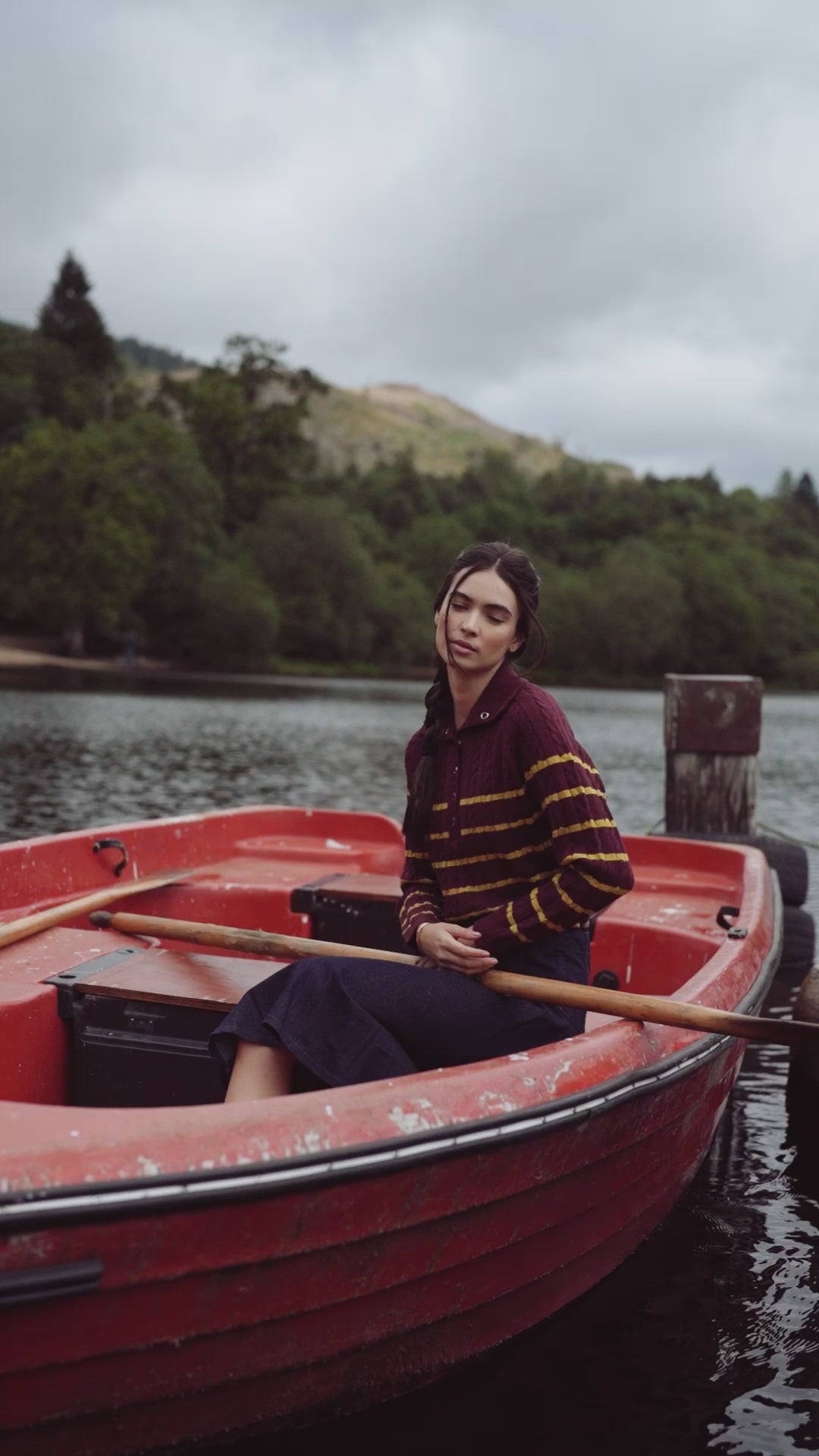 Shawl Snap Collar Striped Cable Sweater-Burgundy/Yellow