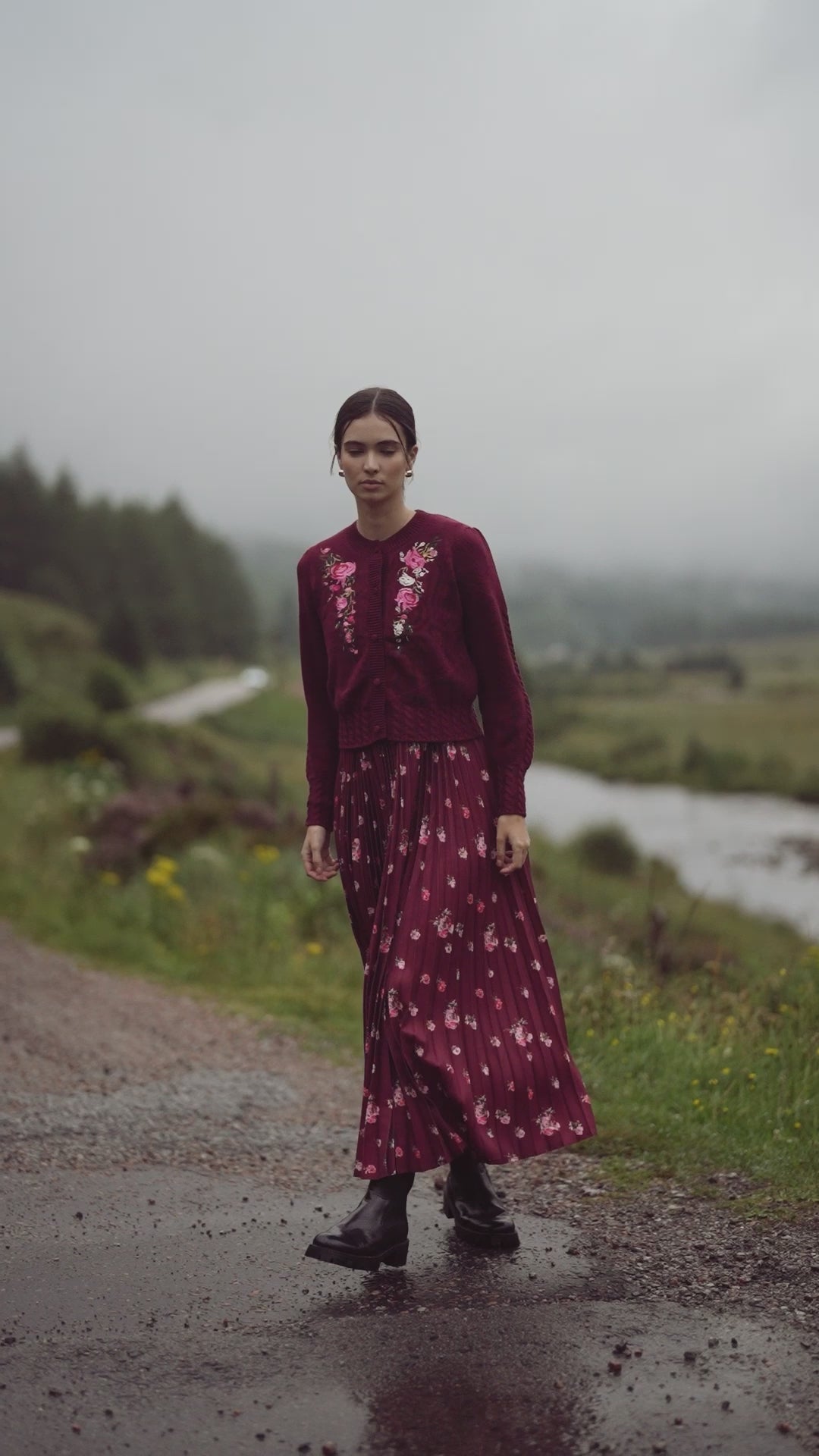 Pleated Bottom Slip Dress-Burgundy Floral