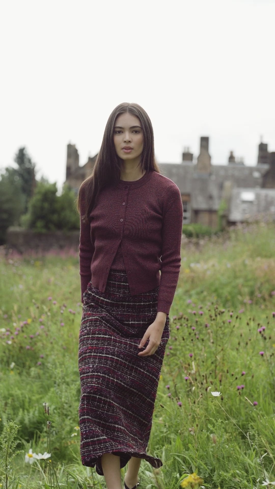 A-Line High Low Skirt-Burgundy Tweed