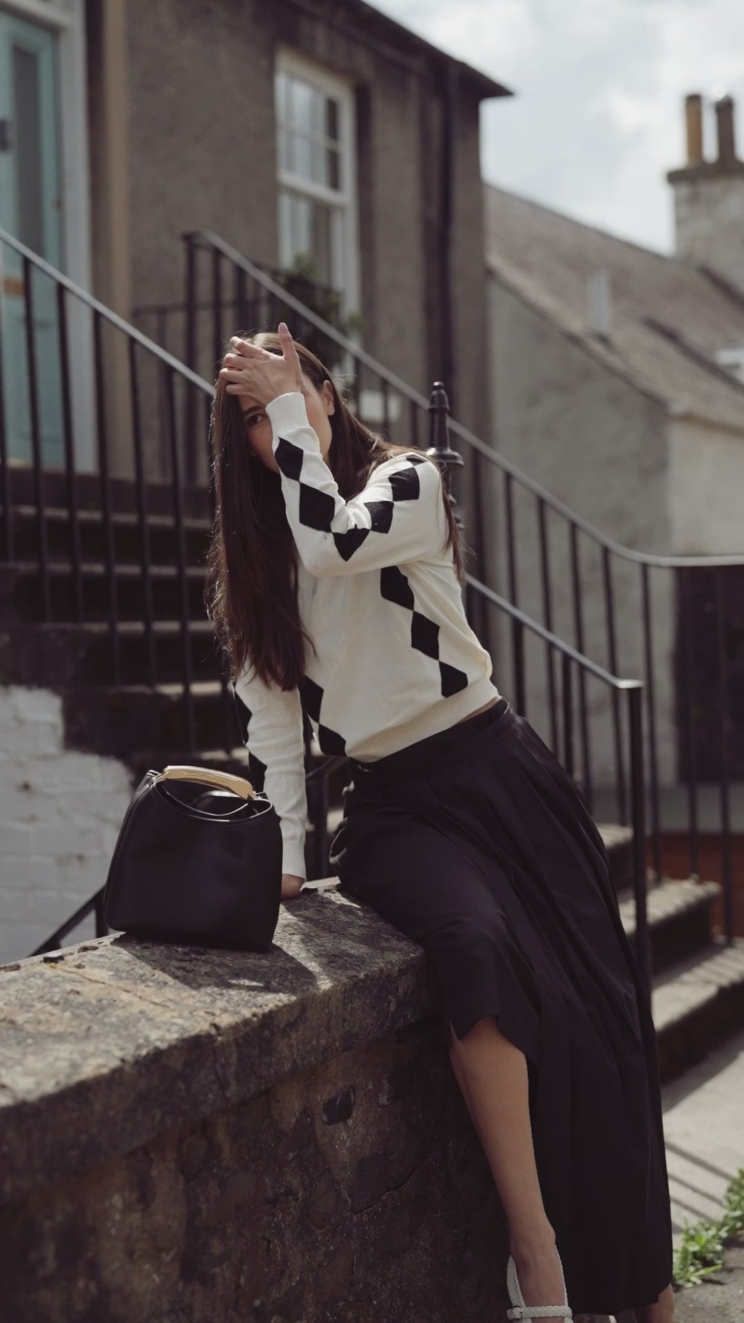Printed Sweater-Cream with Black Diamond Design