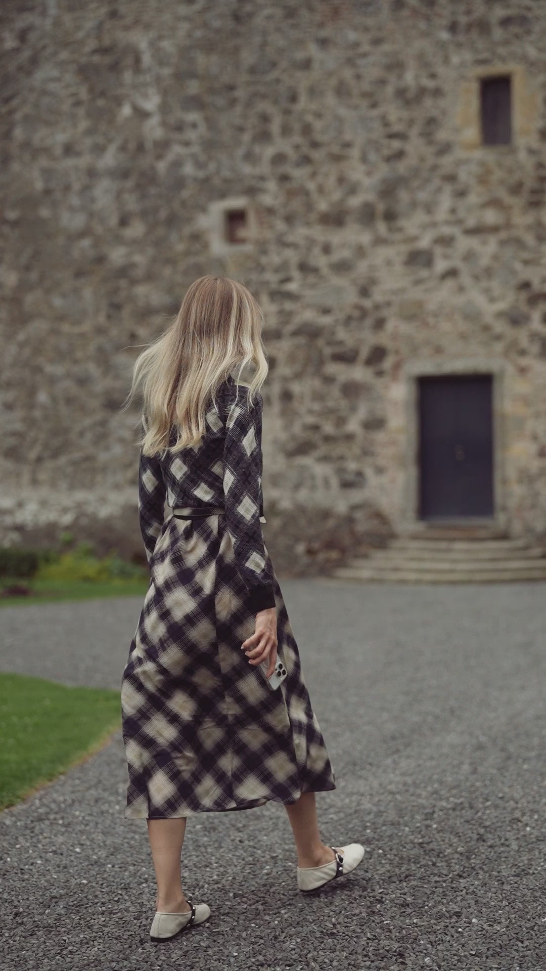 Basic Belted A-Line Dress-Black/White Plaid