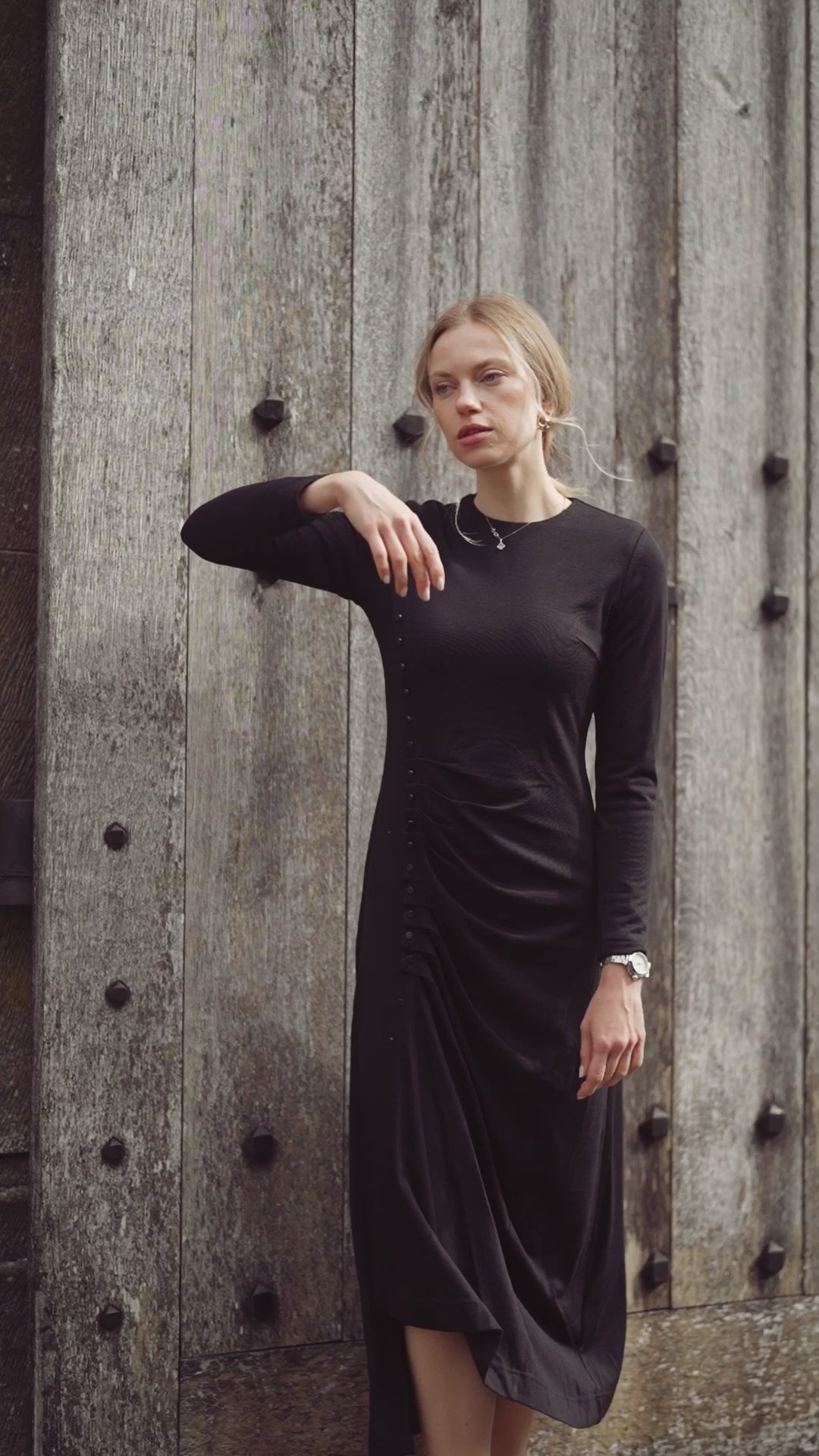 Side Shirred Button Down Knit-Black