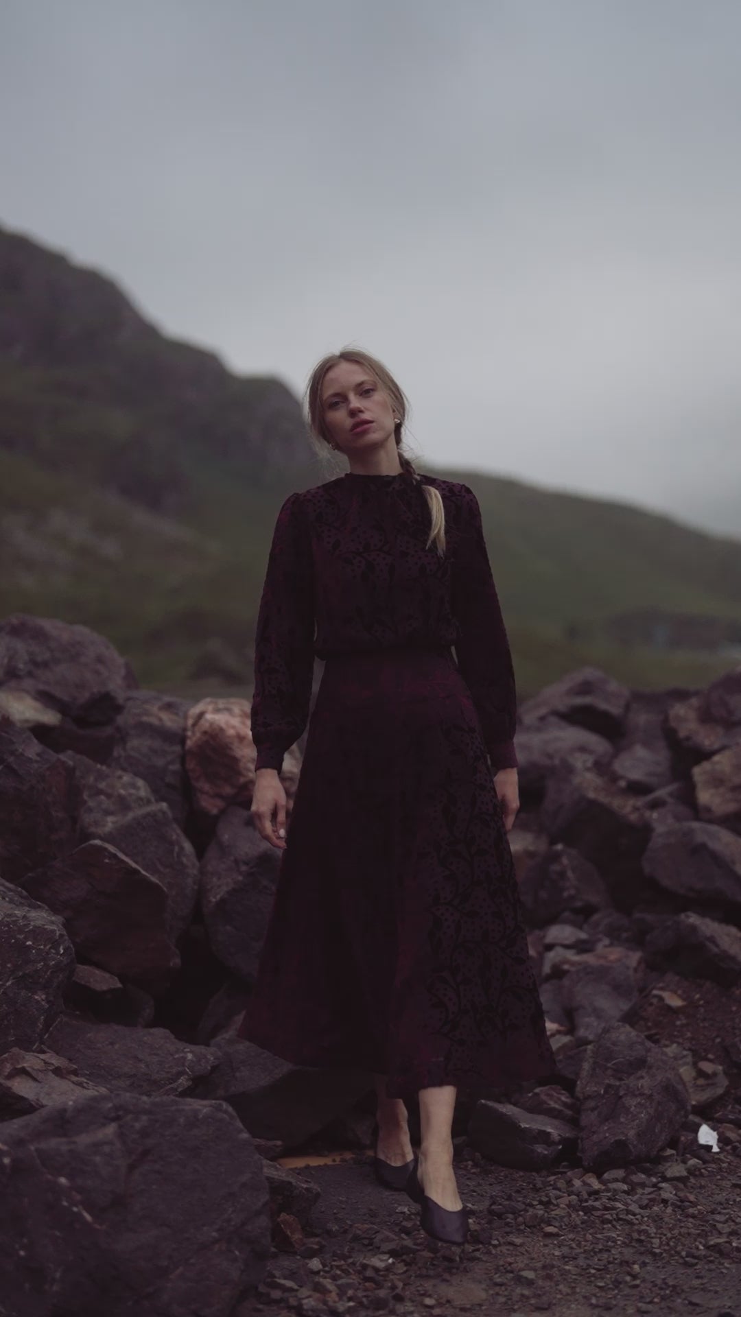 Waisted Yoke Dress-Burgundy Velvet Leaves