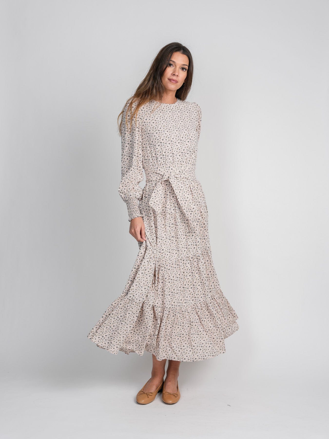 BELTED PEASANT DRESS-FLORAL