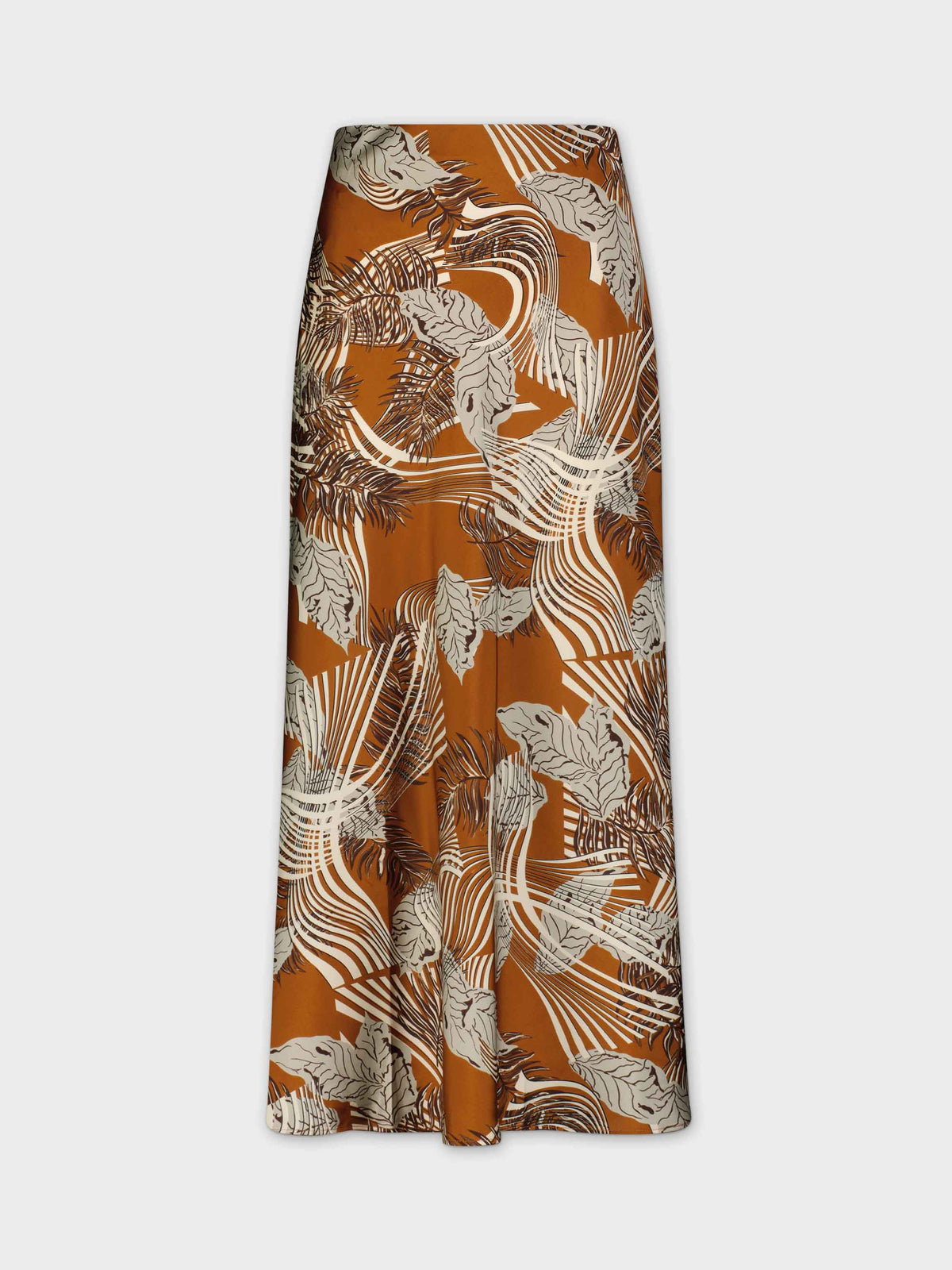 Printed Satin Slip Skirt-Brown Leaf