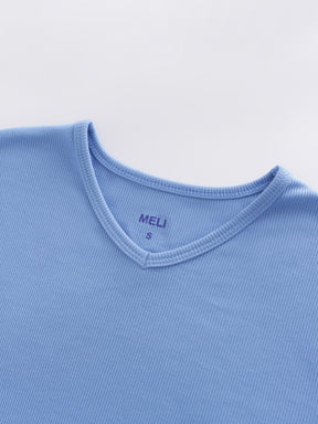 Camiseta acanalada con escote en V alto LS-Azul océano