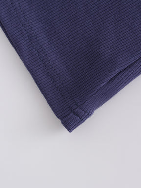 Camiseta acanalada con escote en V alto LS-Azul índigo