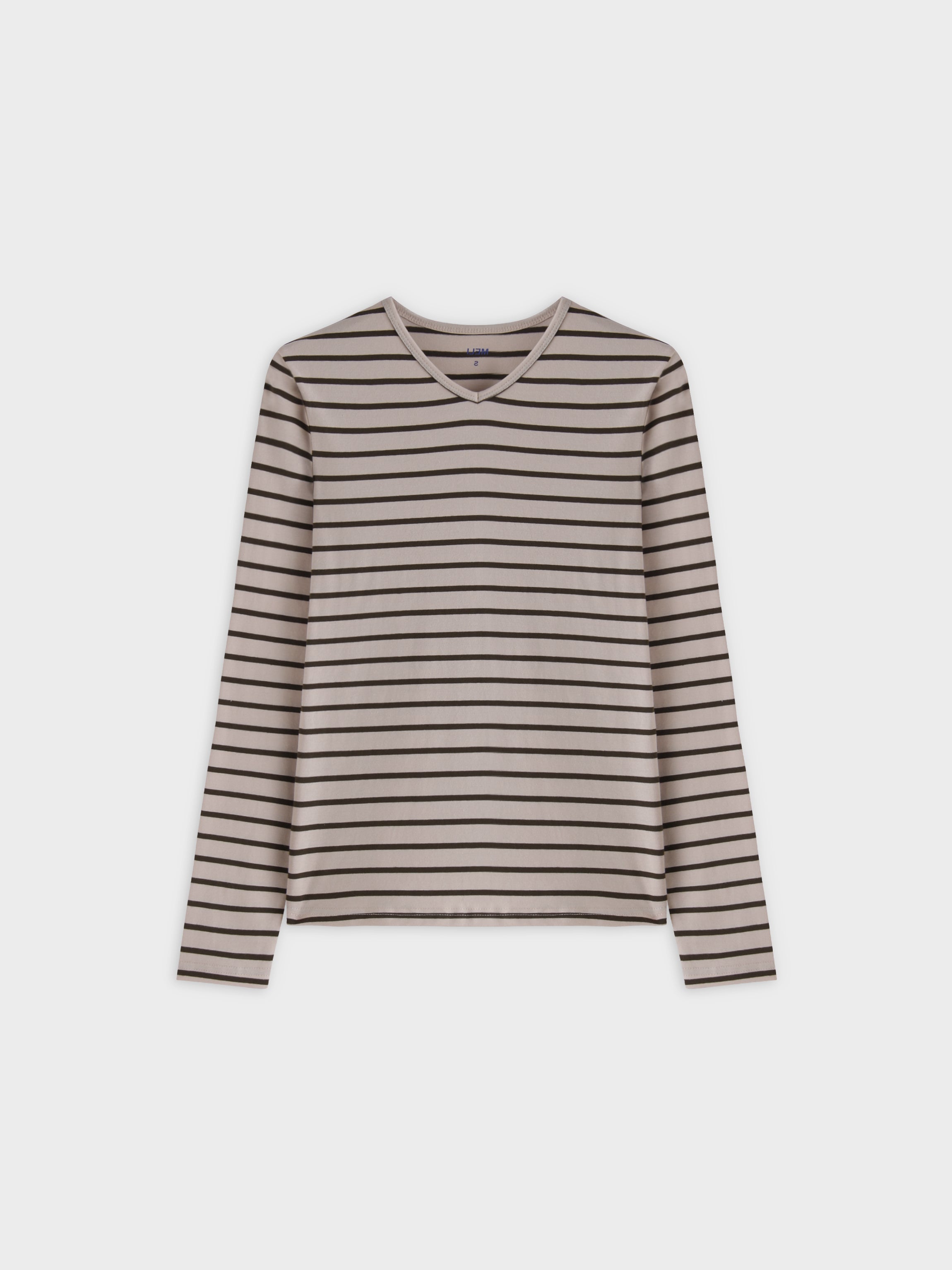 Thin Stripe High V Tee-Cream/Green