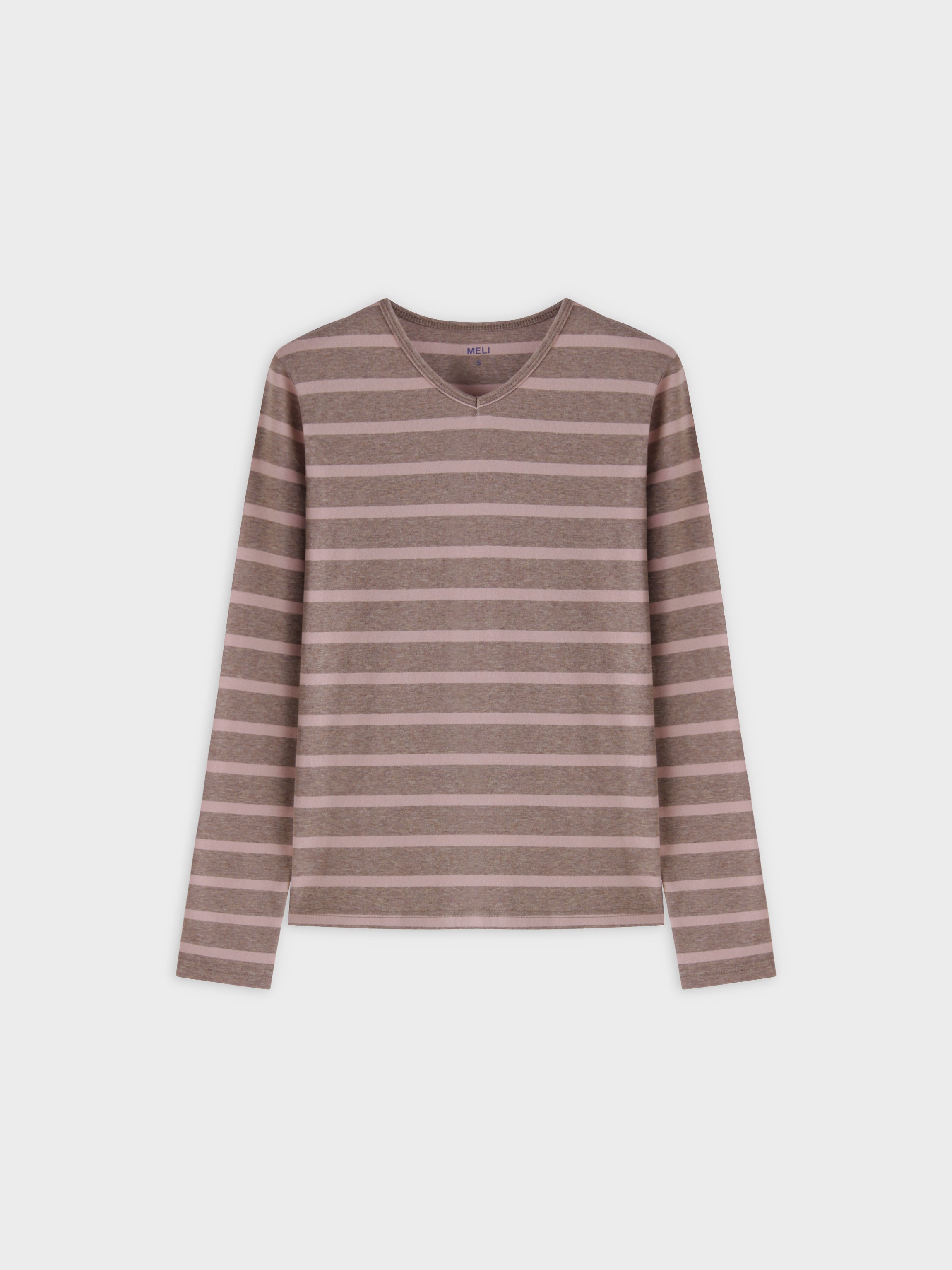 Thin Stripe High V Tee-Heathered Tan/Pink