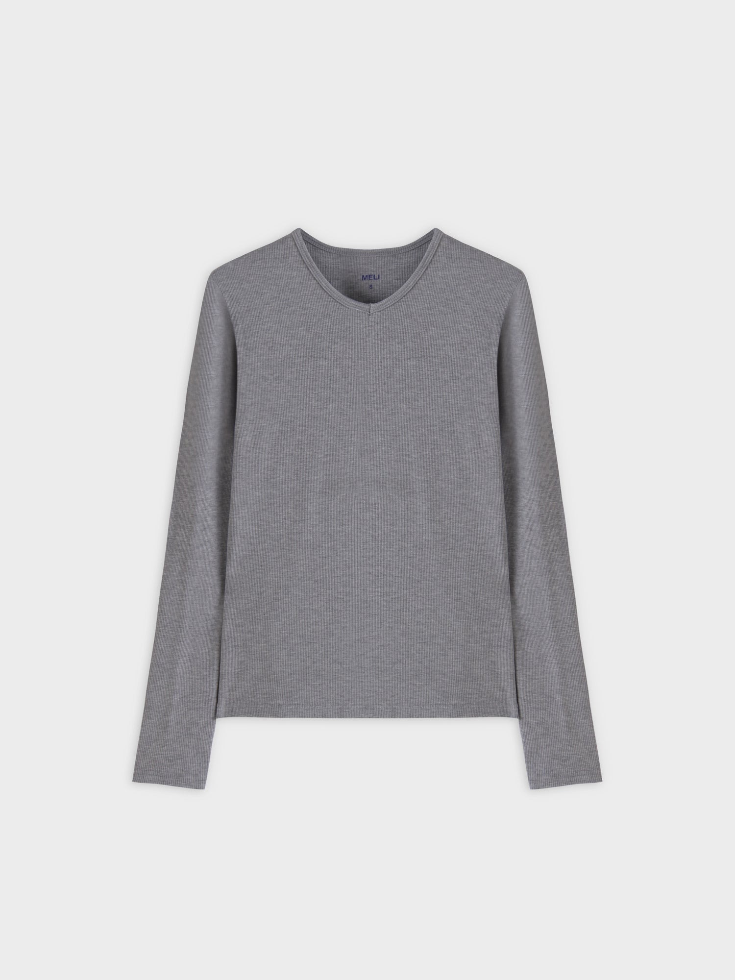 Camiseta acanalada con escote en V alto LS-Gris jaspeado