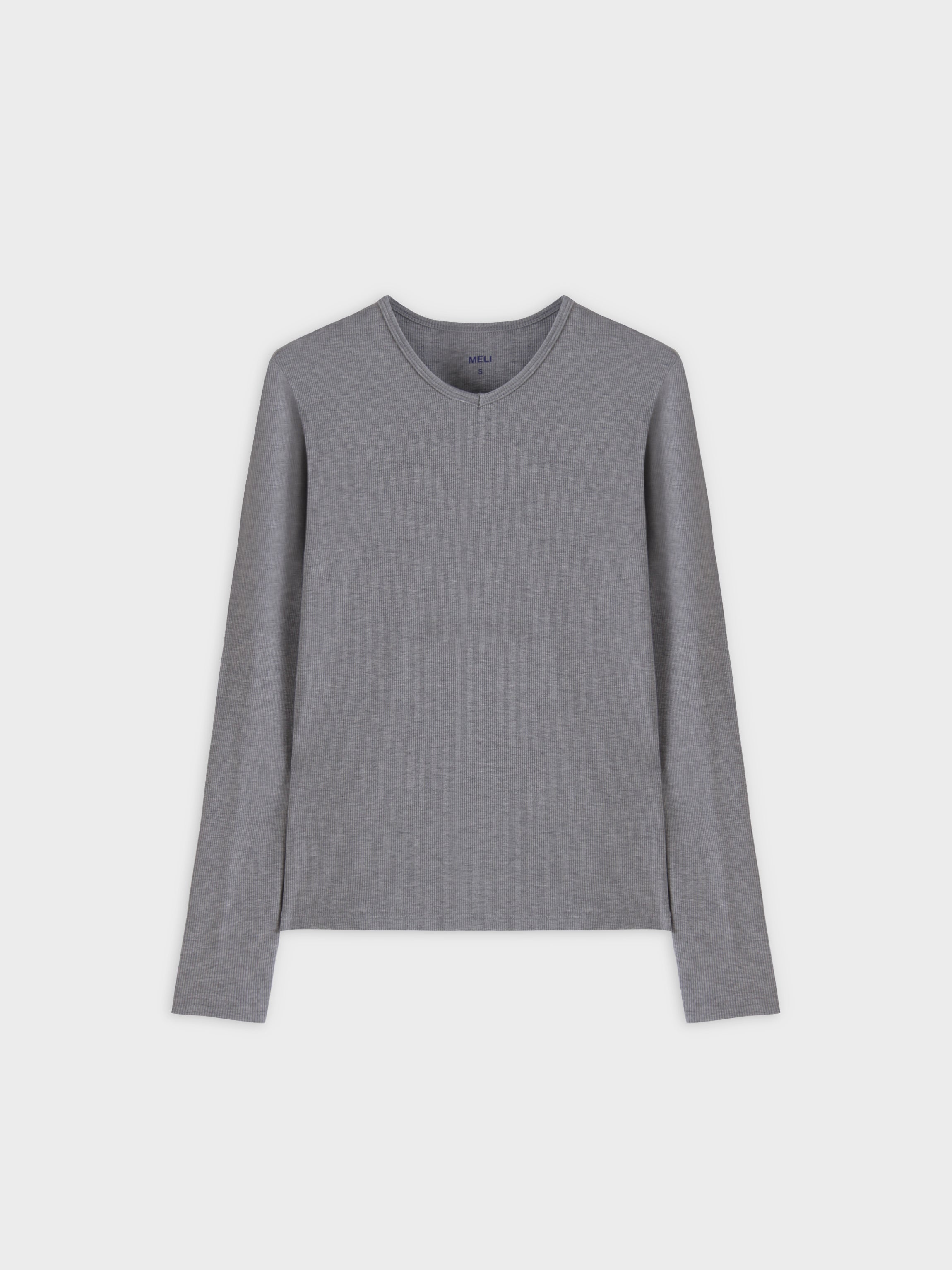 Camiseta acanalada con escote en V alto LS-Gris jaspeado