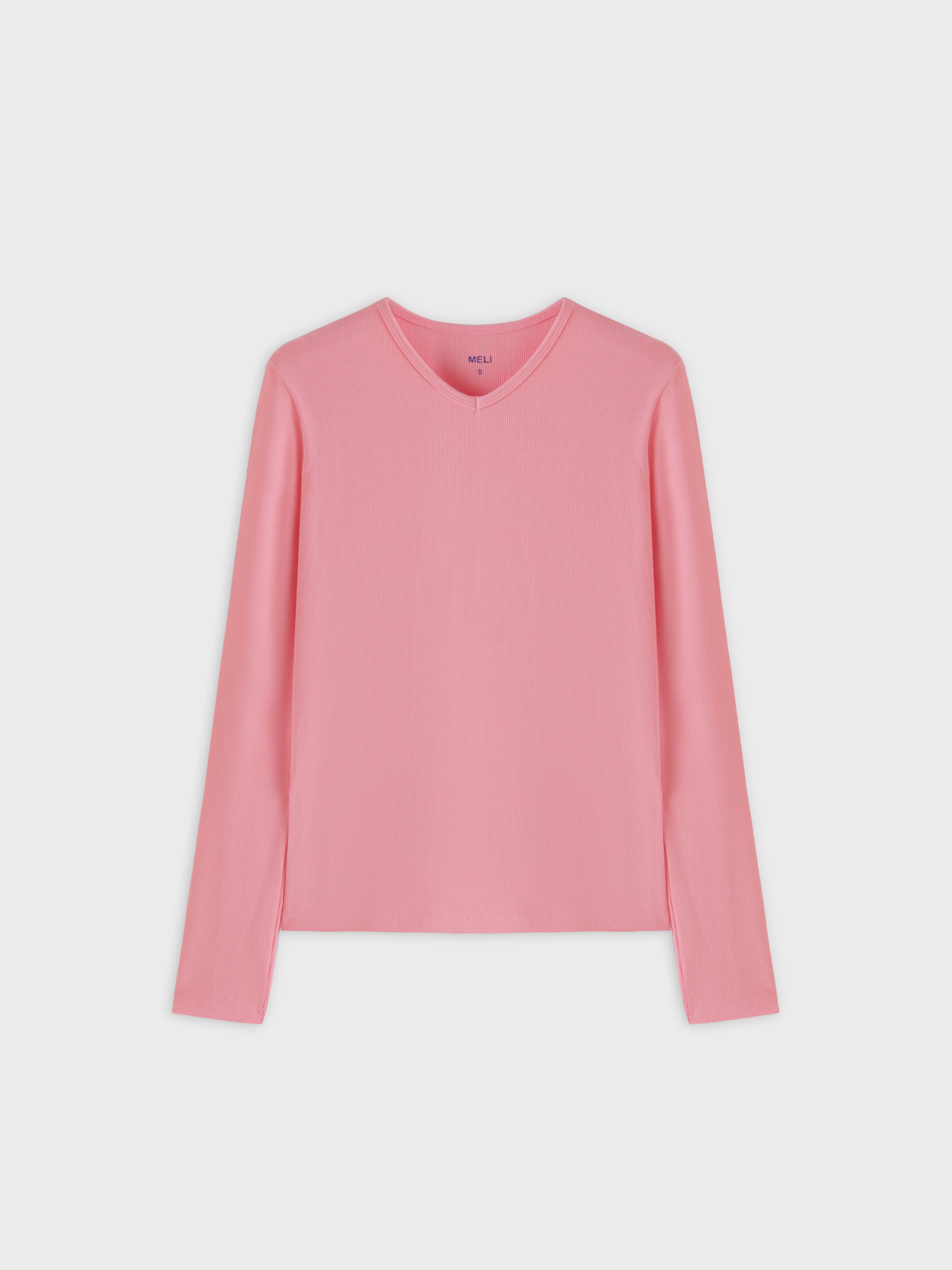 High V Ribbed Tee LS-True Pink