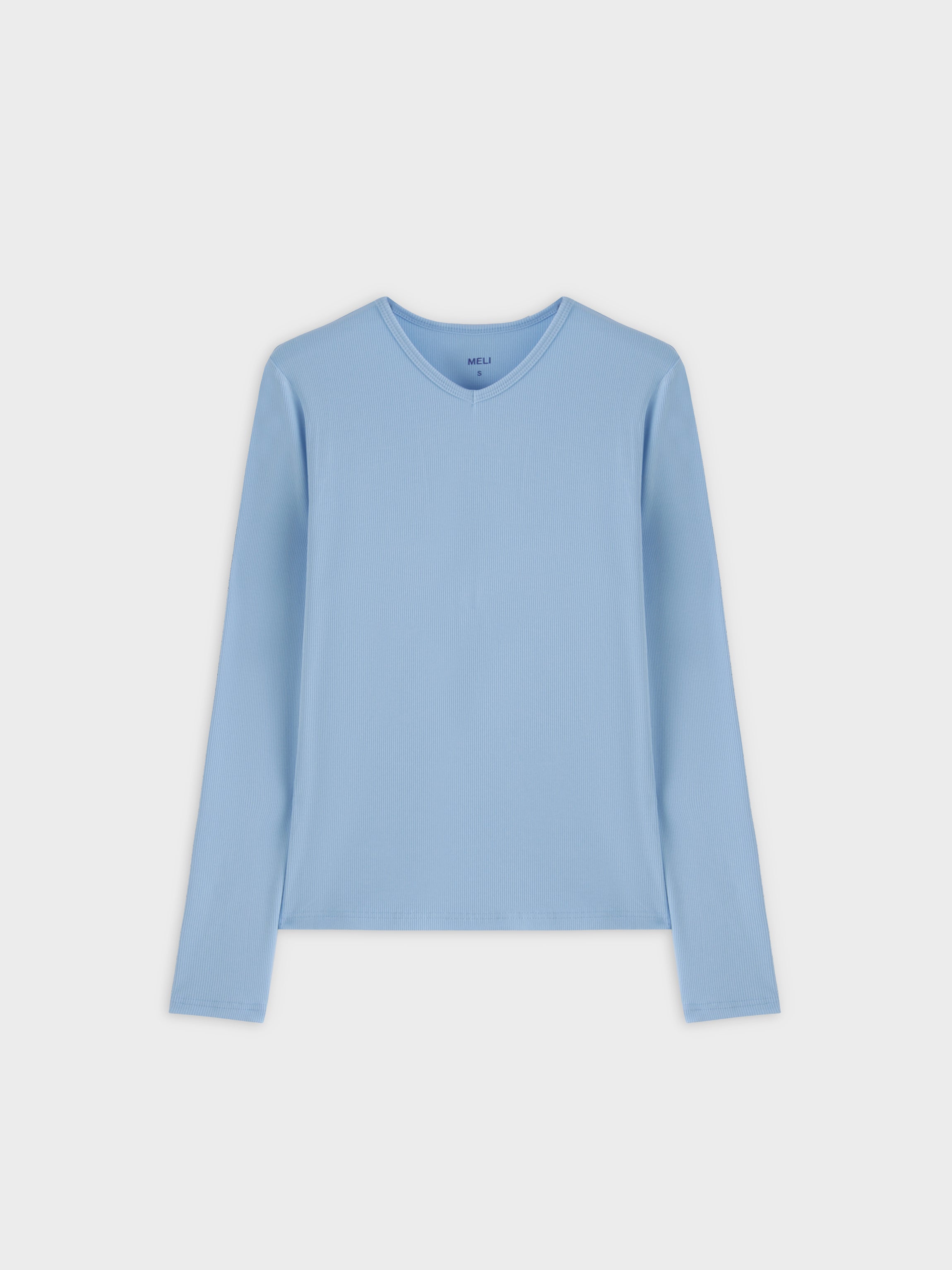 High V Ribbed Tee LS-Soft Blue