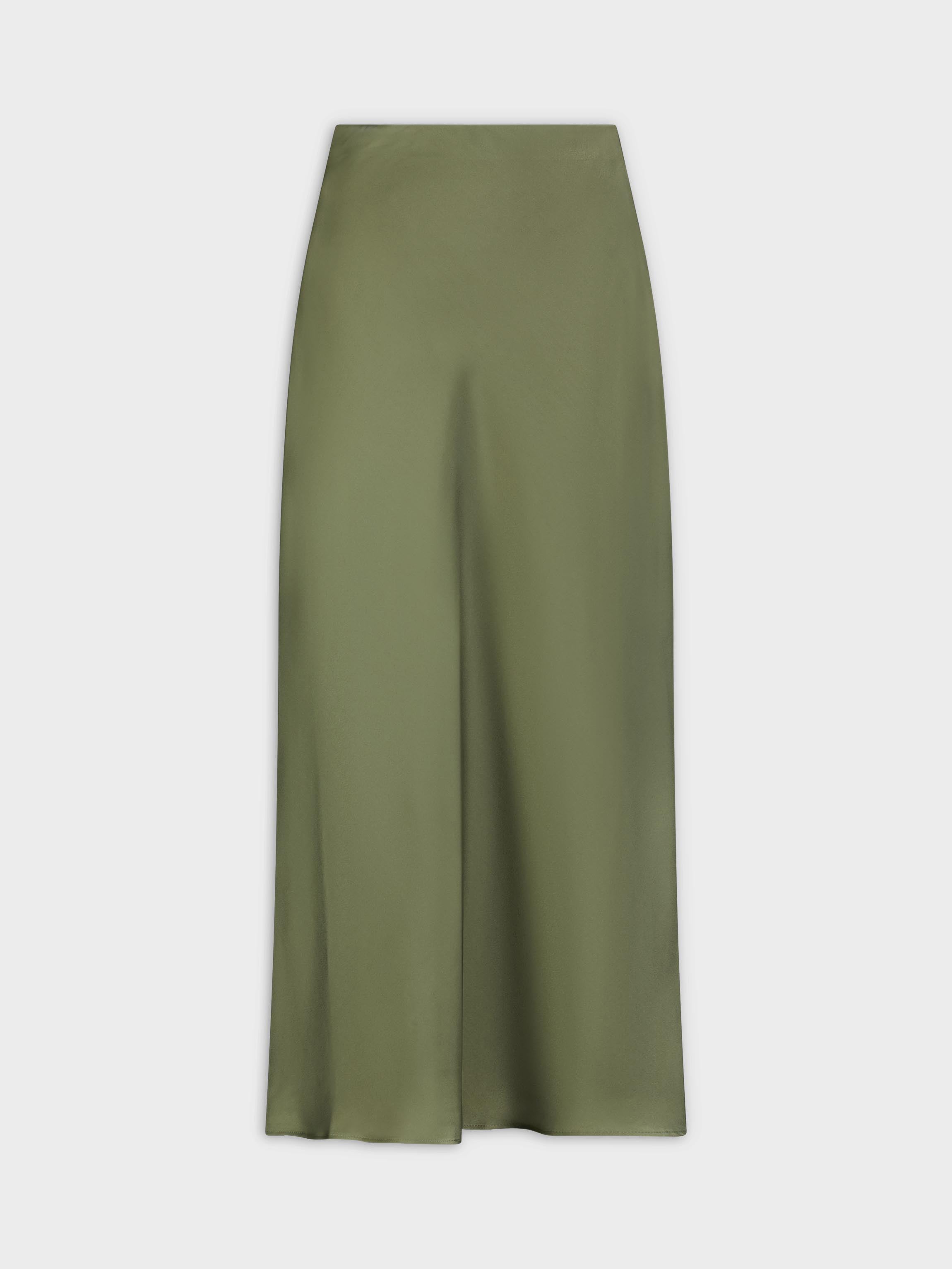 Solid Satin Slip Skirt-Olive Green