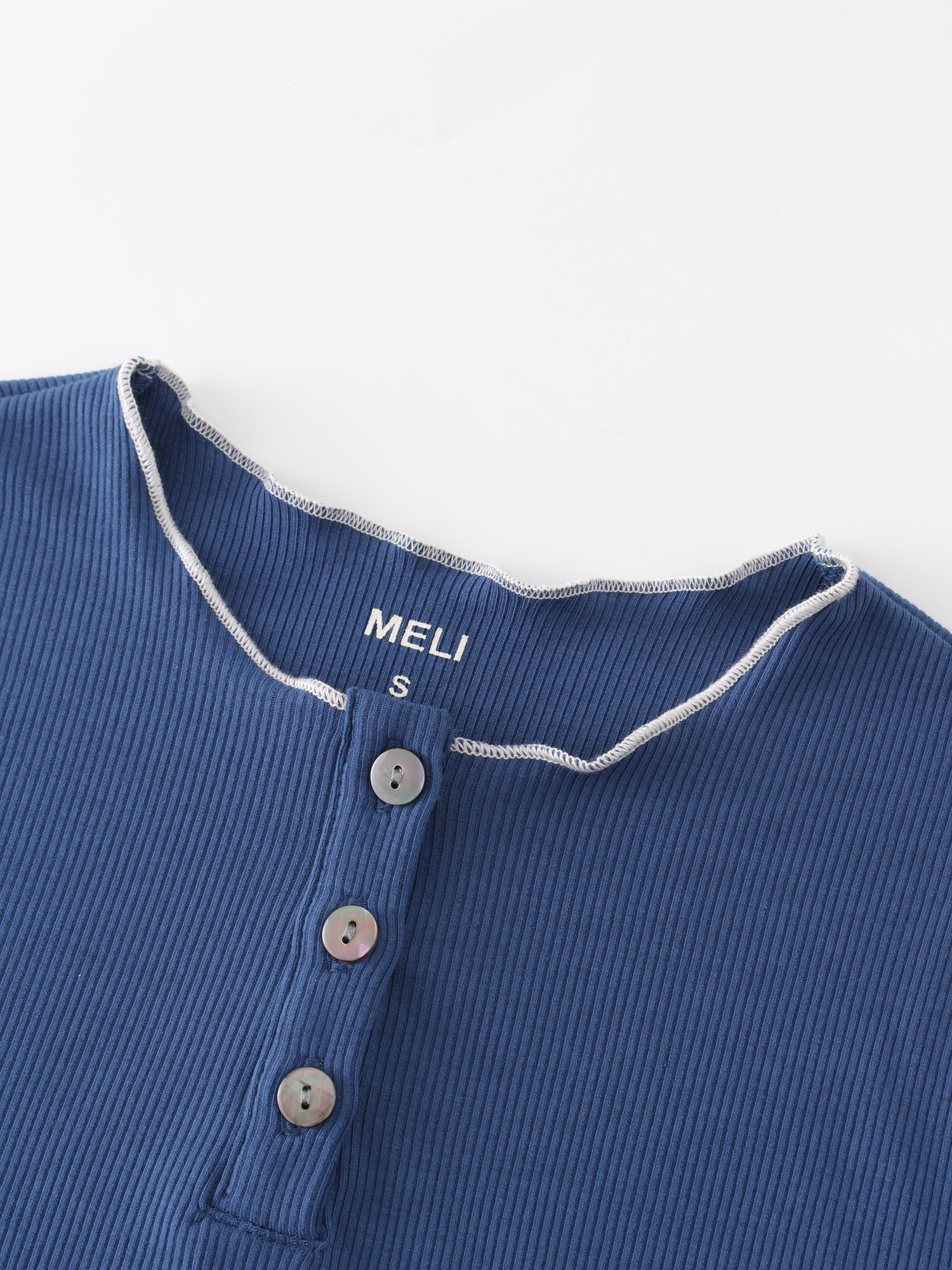 Overlock Stitched Henley-Blue/Ivory