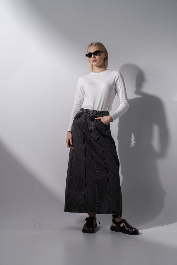 Denim Seamed Skirt-Black