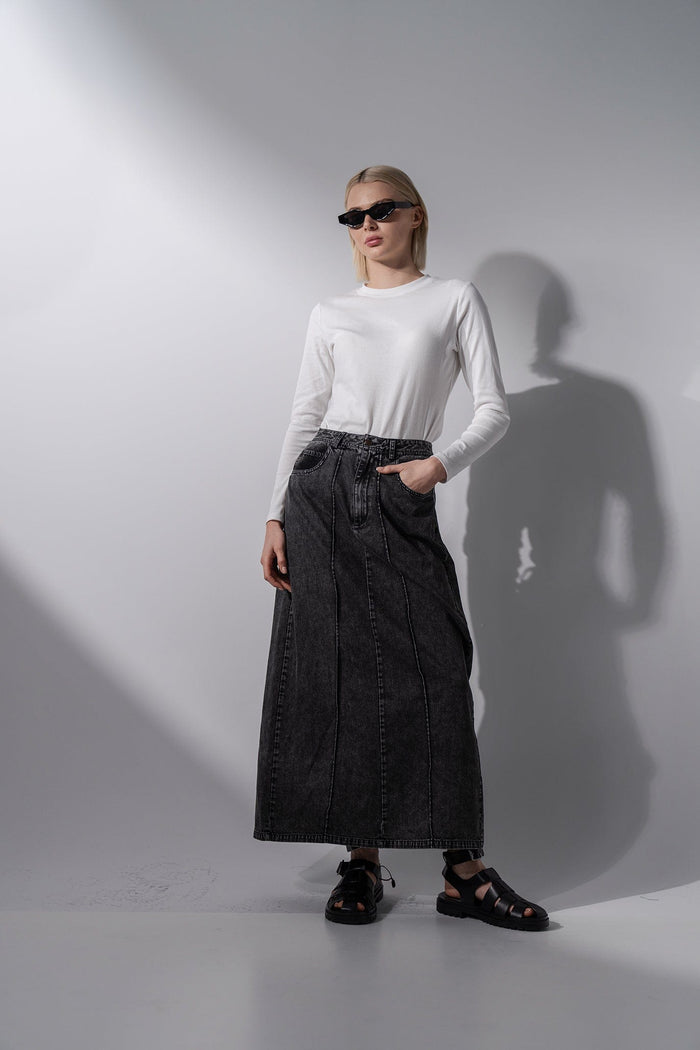Denim Seamed Skirt-Black