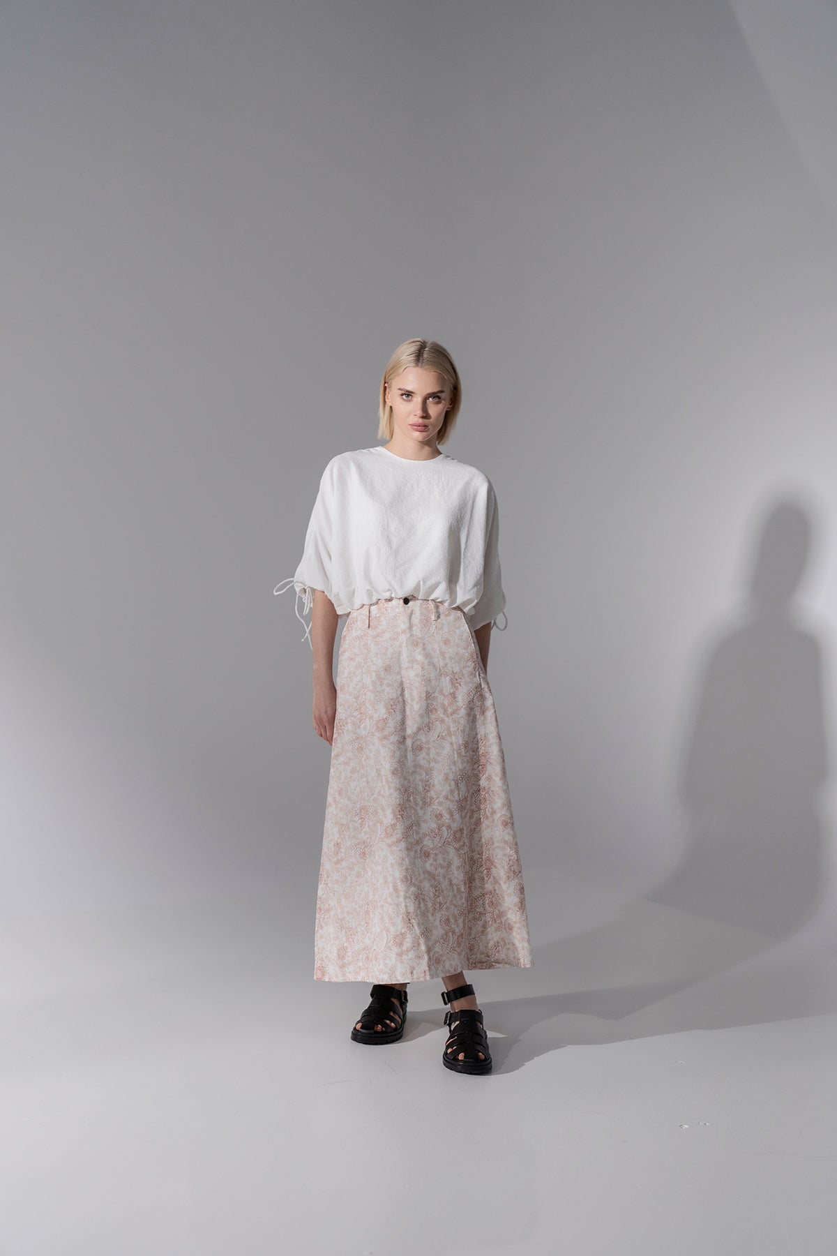 Printed Denim Skirt-Brown Floral