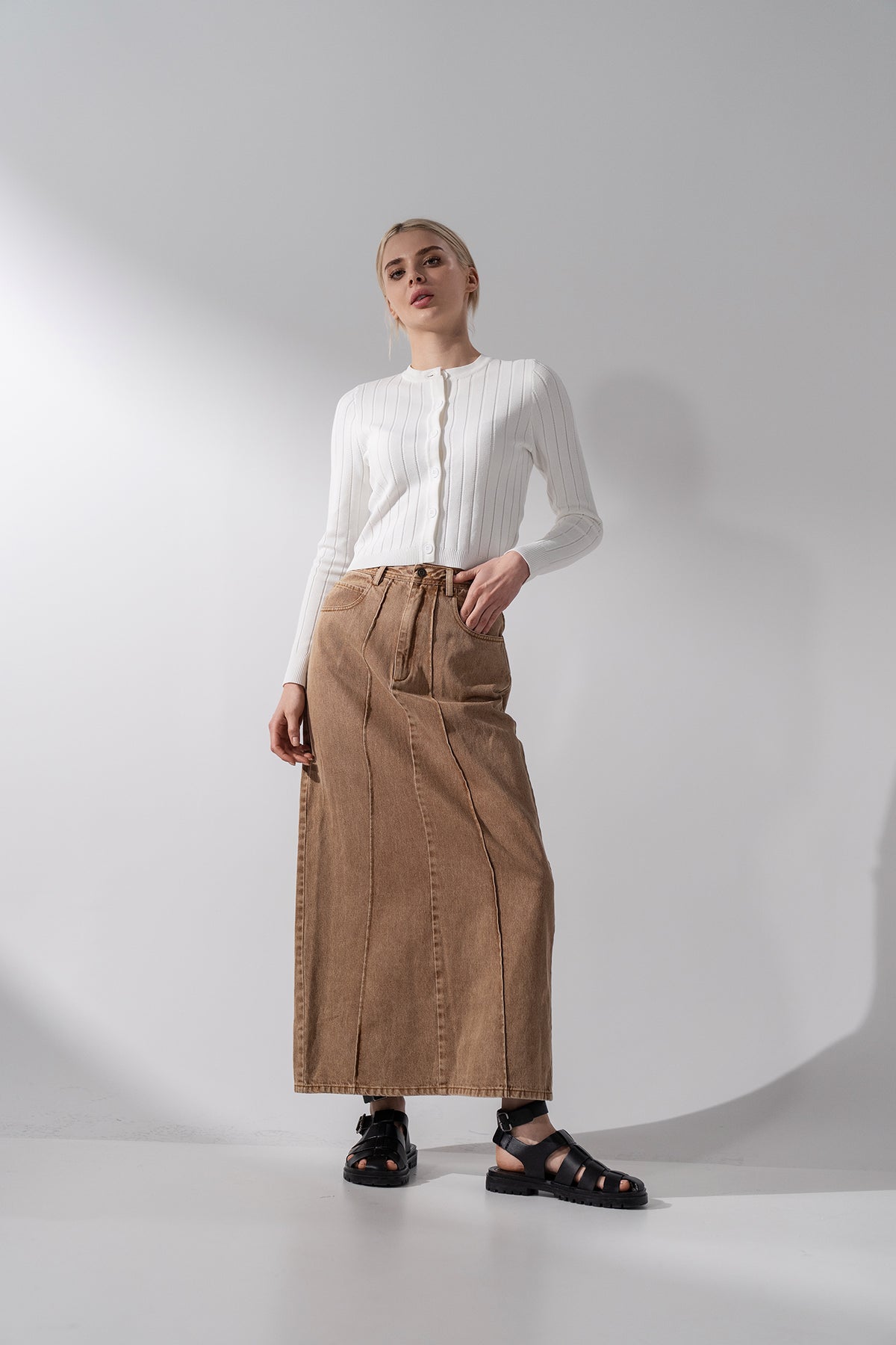 Denim Seamed Skirt-Brown