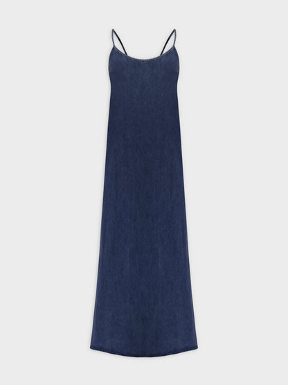 Solid Crew Neck Slip Dress-Dark Blue Denim
