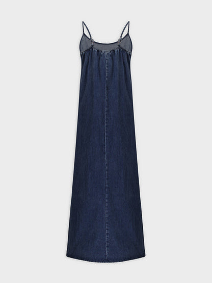 Solid Crew Neck Slip Dress-Dark Blue Denim
